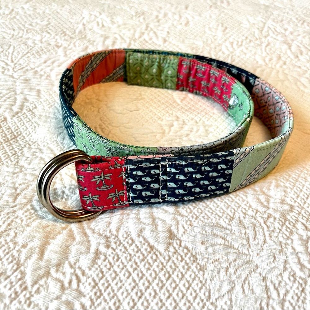 Vineyard Vines patchwork belt with silver double D ring buckle